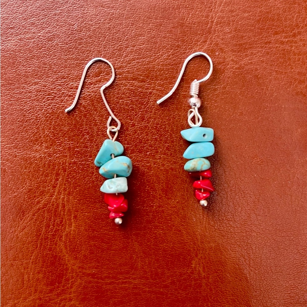 Natural Coral and turquoise earrings for pierced ears.